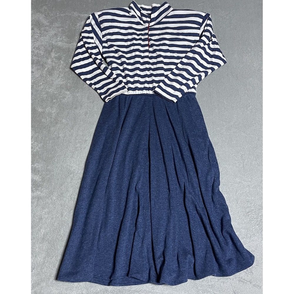 Vintage Stuart Alan Petites Dress Womens 12P Blue Striped Long Sleeve Modest